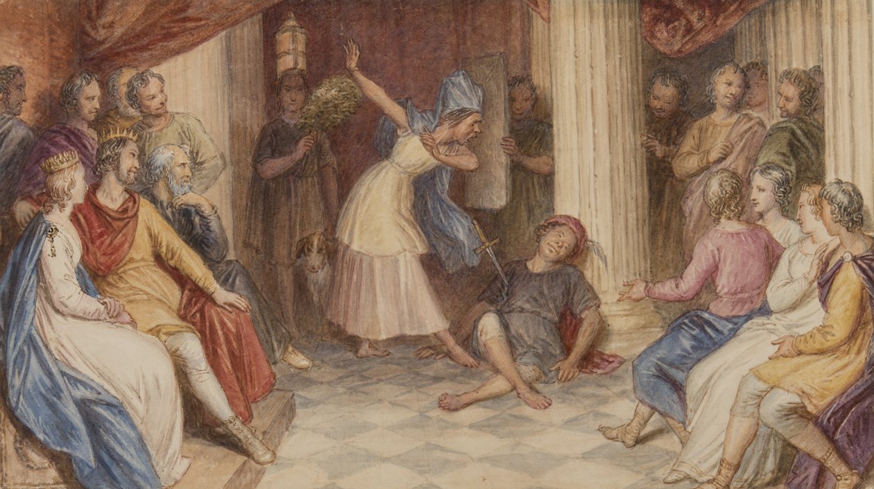 Piramus i Thisbe, Sen nocy letniej, akt V, scena I, ok. 1840 (wc na papierze) autorstwa John Massey Wright