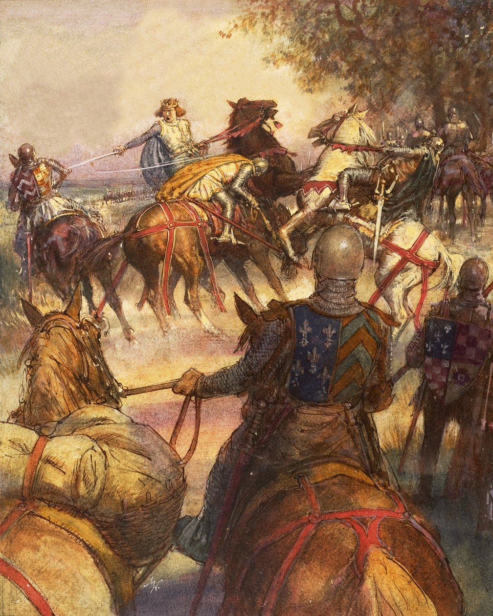 Karol VI z Francji, całkowicie szalony, rzuca się z mieczem na swoich zwolenników autorstwa John Millar Watt
