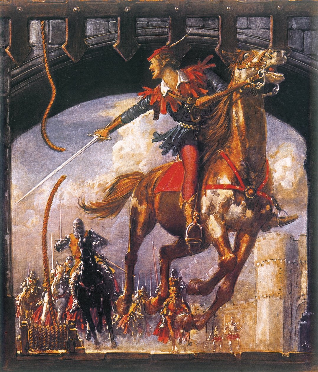 Robin Hood ścigany przez normańskich żołnierzy autorstwa John Millar Watt