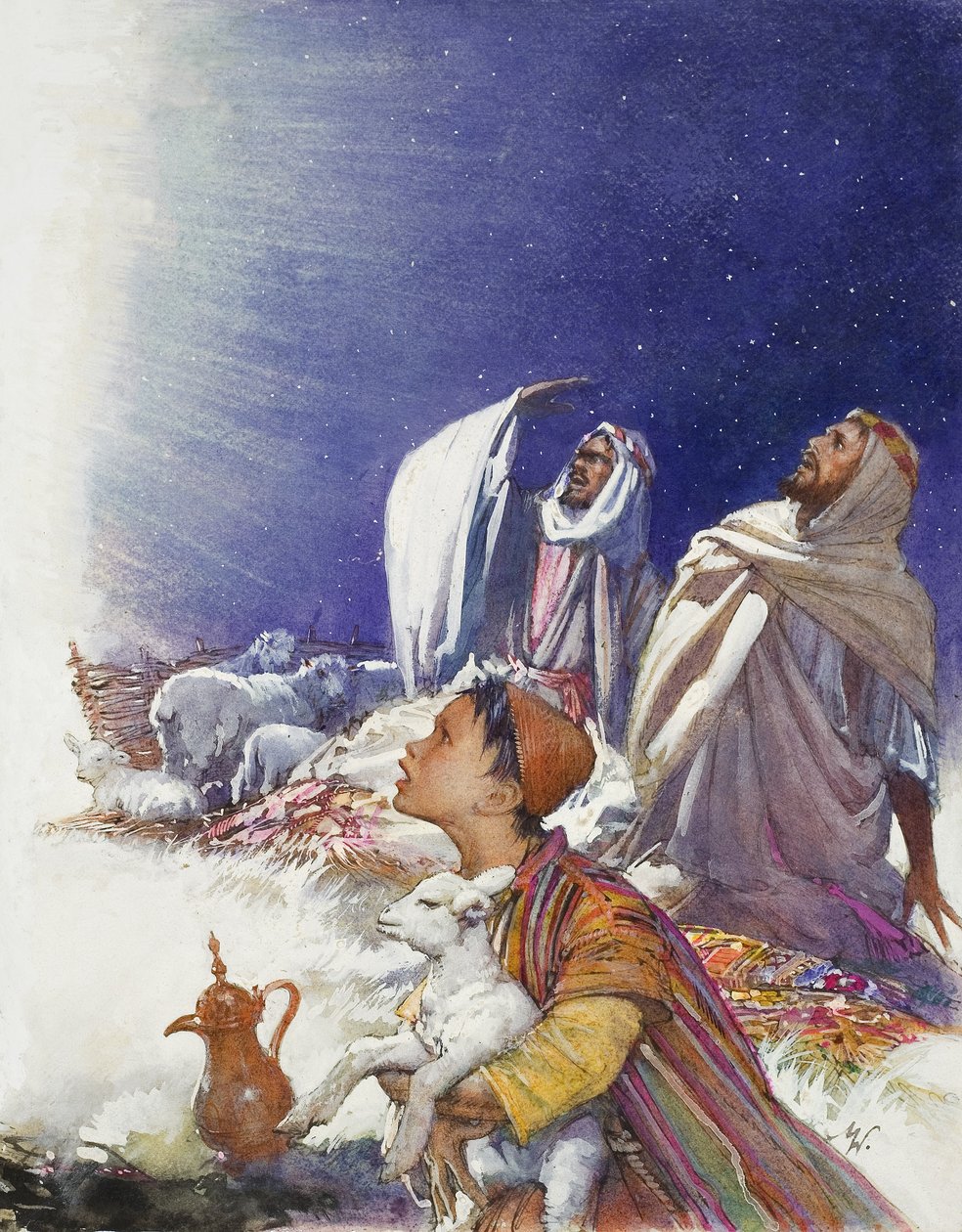 Opowieść wigilijna: Opowieść o pasterzach (gwasz na papierze) autorstwa John Millar Watt