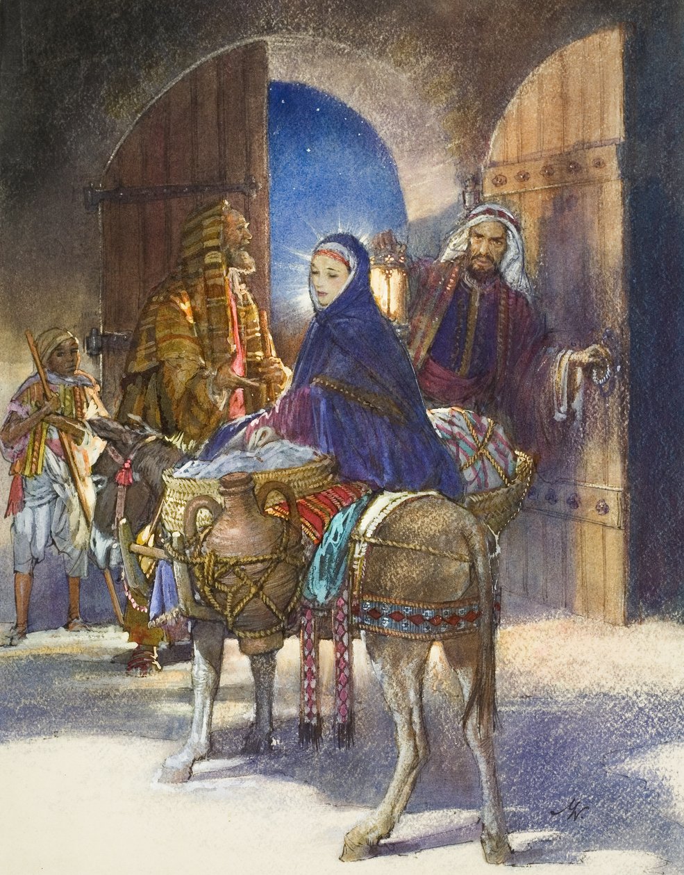 Opowieść karczmarza: Maryja i Józef przybywają do Betlejem (gwasz na papierze) autorstwa John Millar Watt