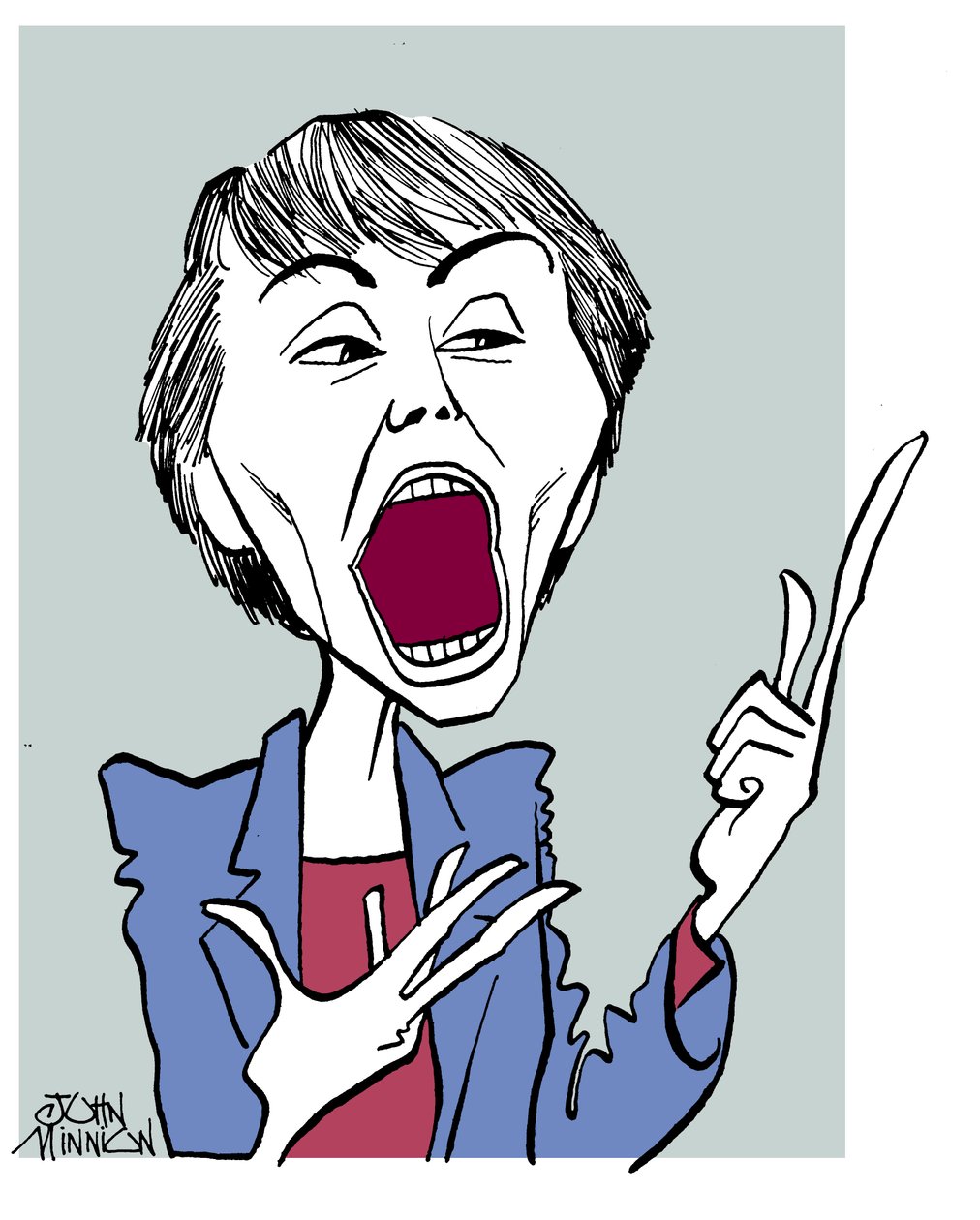 Camille Paglia - karykatura z otwartymi ustami autorstwa John Minnion