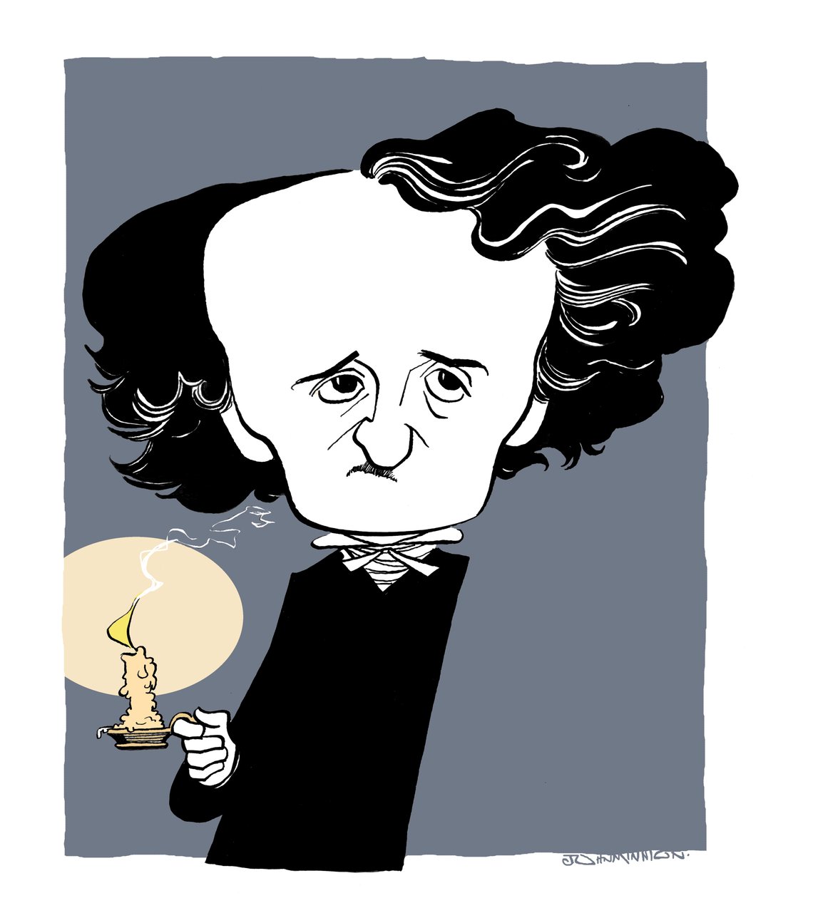 Edgar Allan Poe - karykatura, trzymający świecznik autorstwa John Minnion