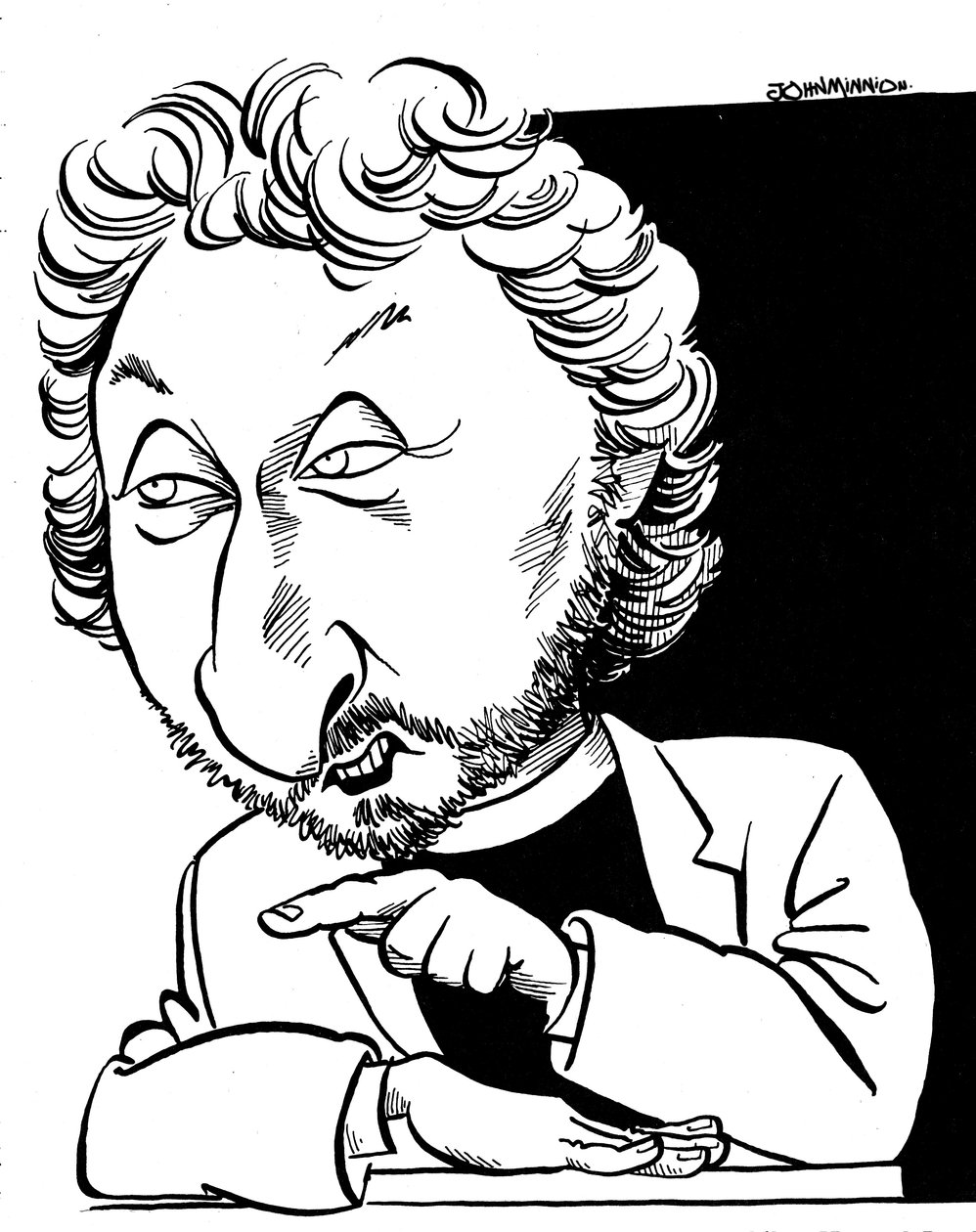 Karykatura Howarda Jacobsona, brytyjskiego pisarza autorstwa John Minnion