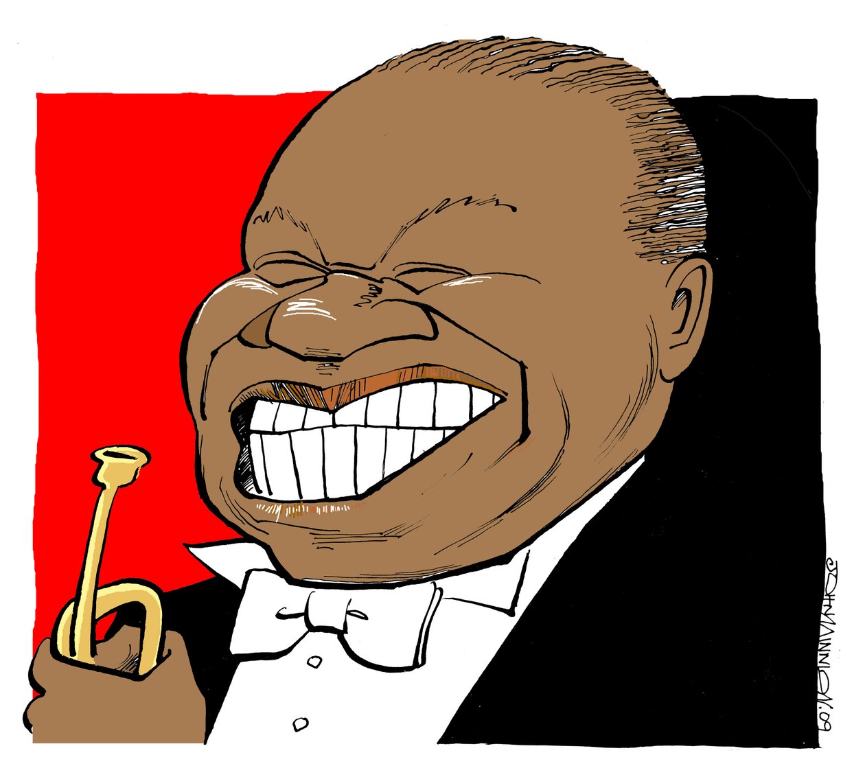 Louis Armstrong - karykatura, grający na trąbce autorstwa John Minnion