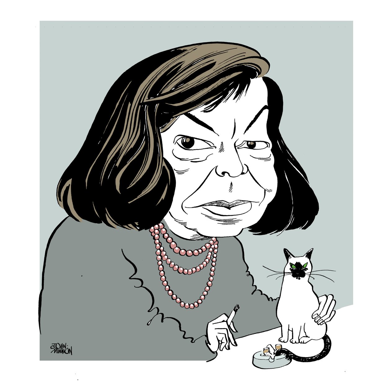 Patricia Highsmith - karykatura z palącym kotem autorstwa John Minnion