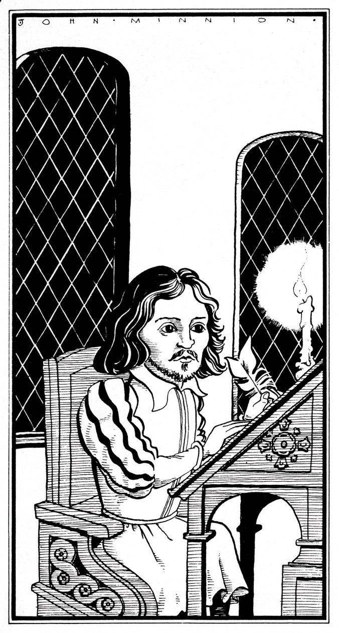 Thomas Tallis - karykatura siedzącego przy biurku angielskiego kompozytora - 30 stycznia 1505 - 23 listopada 1585 autorstwa John Minnion
