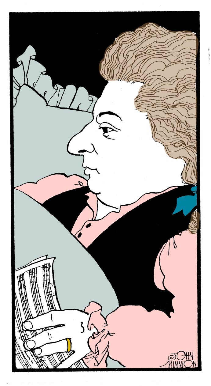 Wolfgang Amadeusz Mozart - karykatura austriackiego kompozytora na łożu śmierci autorstwa John Minnion