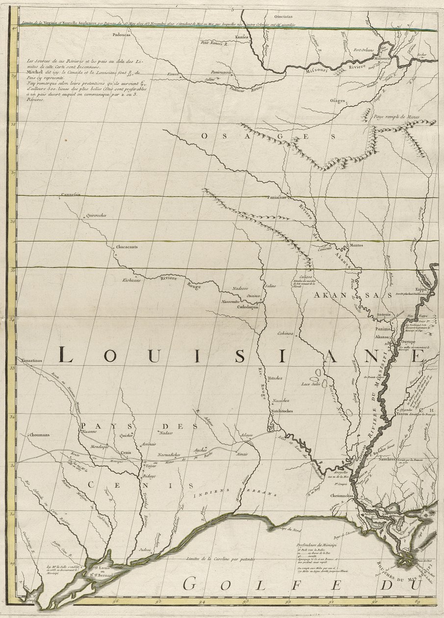 Mapa dominiów brytyjskich i francuskich w Ameryce, 1756 (rycina kolorem konturu na papierze) autorstwa John Mitchell
