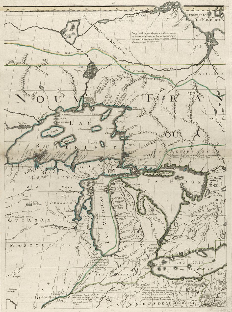 Mapa dominiów brytyjskich i francuskich w Ameryce, 1756 (rycina kolorem konturu na papierze) autorstwa John Mitchell