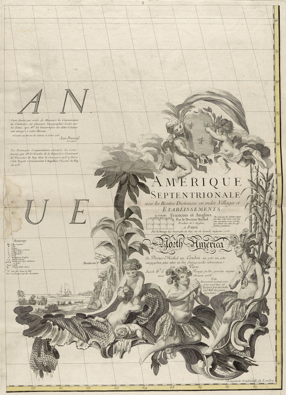 Mapa dominiów brytyjskich i francuskich w Ameryce, 1756 (rycina kolorem konturu na papierze) autorstwa John Mitchell