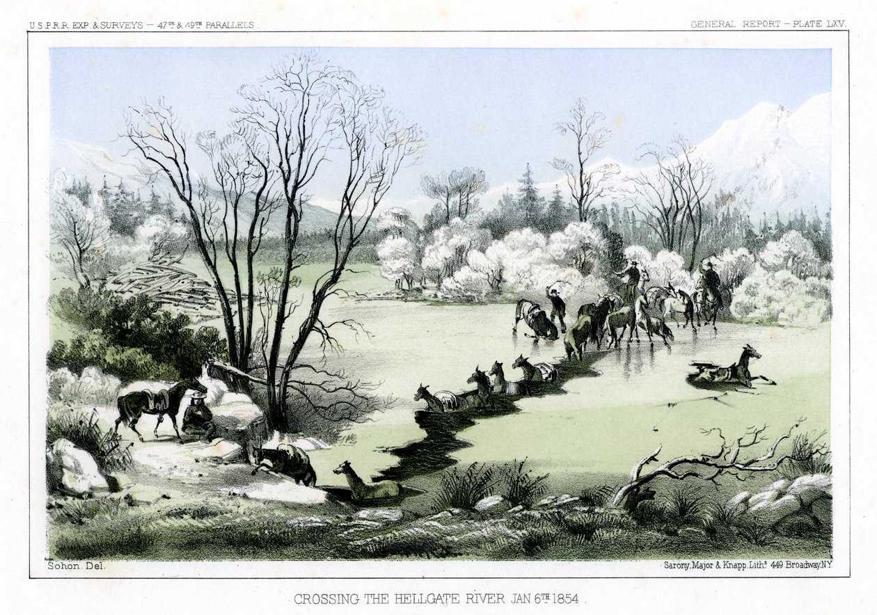 Przeprawa przez rzekę Hellgate, 6 stycznia 1854 1856. autorstwa John Mix Stanley