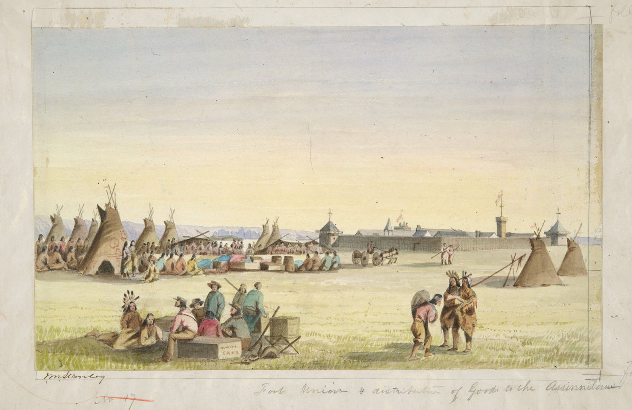 Fort Union i rozdawanie towarów Assiniboinom autorstwa John Mix Stanley