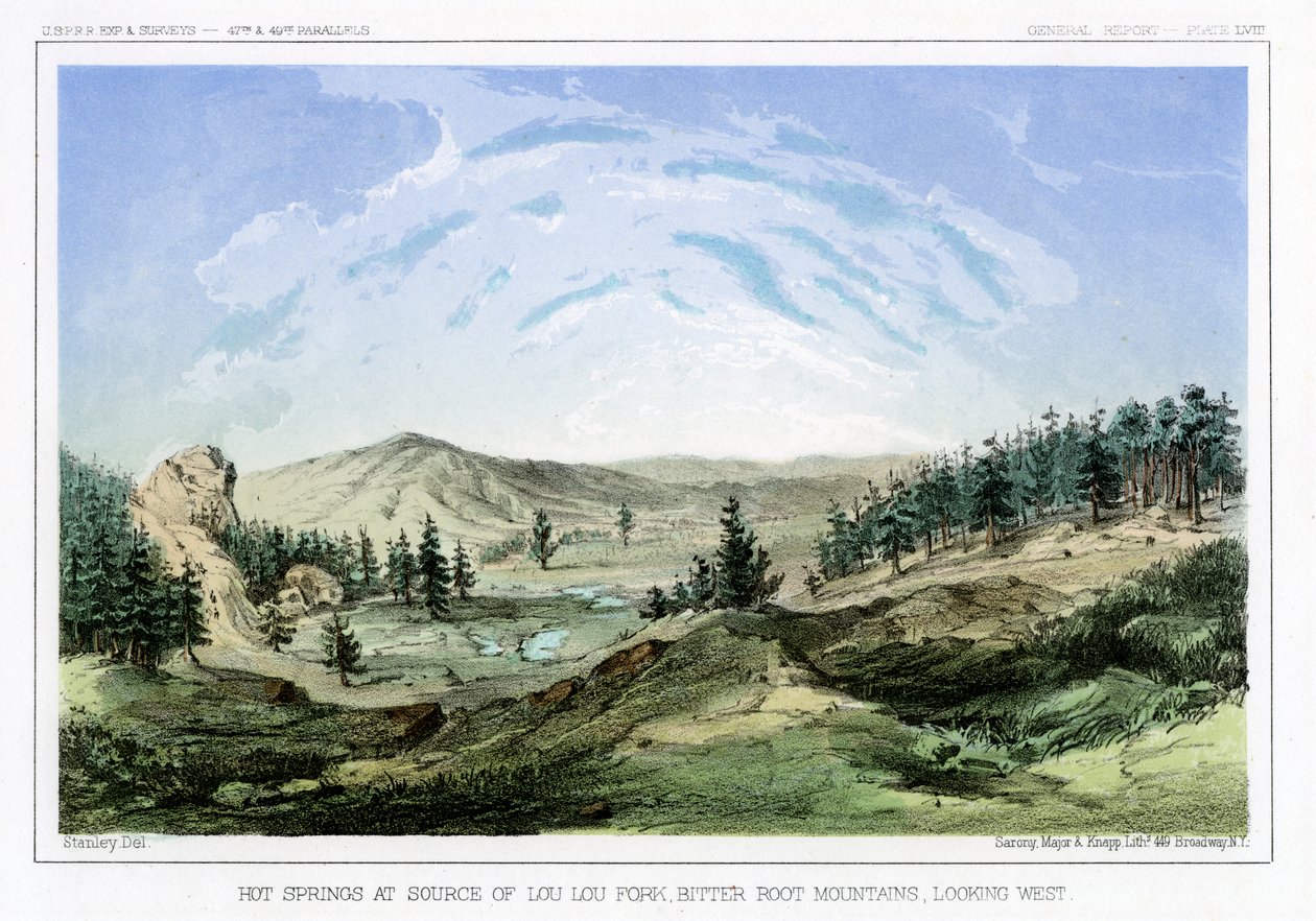 Gorące źródła u źródła w Lou Lou Fork, góry Bitterroot, Montana, USA, 1856 r. autorstwa John Mix Stanley
