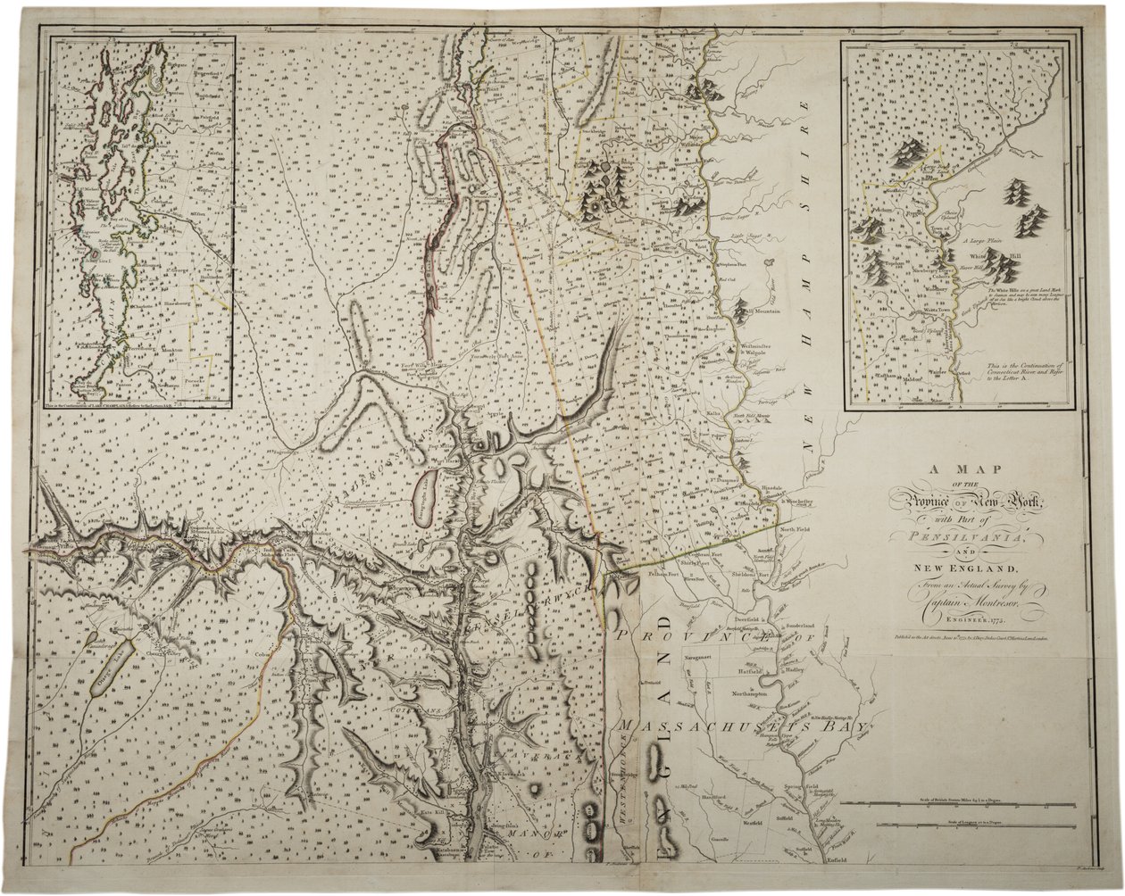 Mapa prowincji Nowy Jork z częścią Pensylwanii i Nowej Anglii, z aktualnego badania przeprowadzonego przez kapitana Montrésora, inżyniera, 1775, 10 czerwca 1775 autorstwa John Montresor