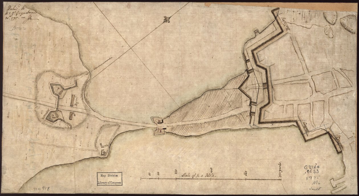 (Plan "Neck" i fortyfikacji) Dostarczone do H.E. Gl. Gage, 30 czerwca. 1775.-J.M. LOC gm71000918 autorstwa John Montresor