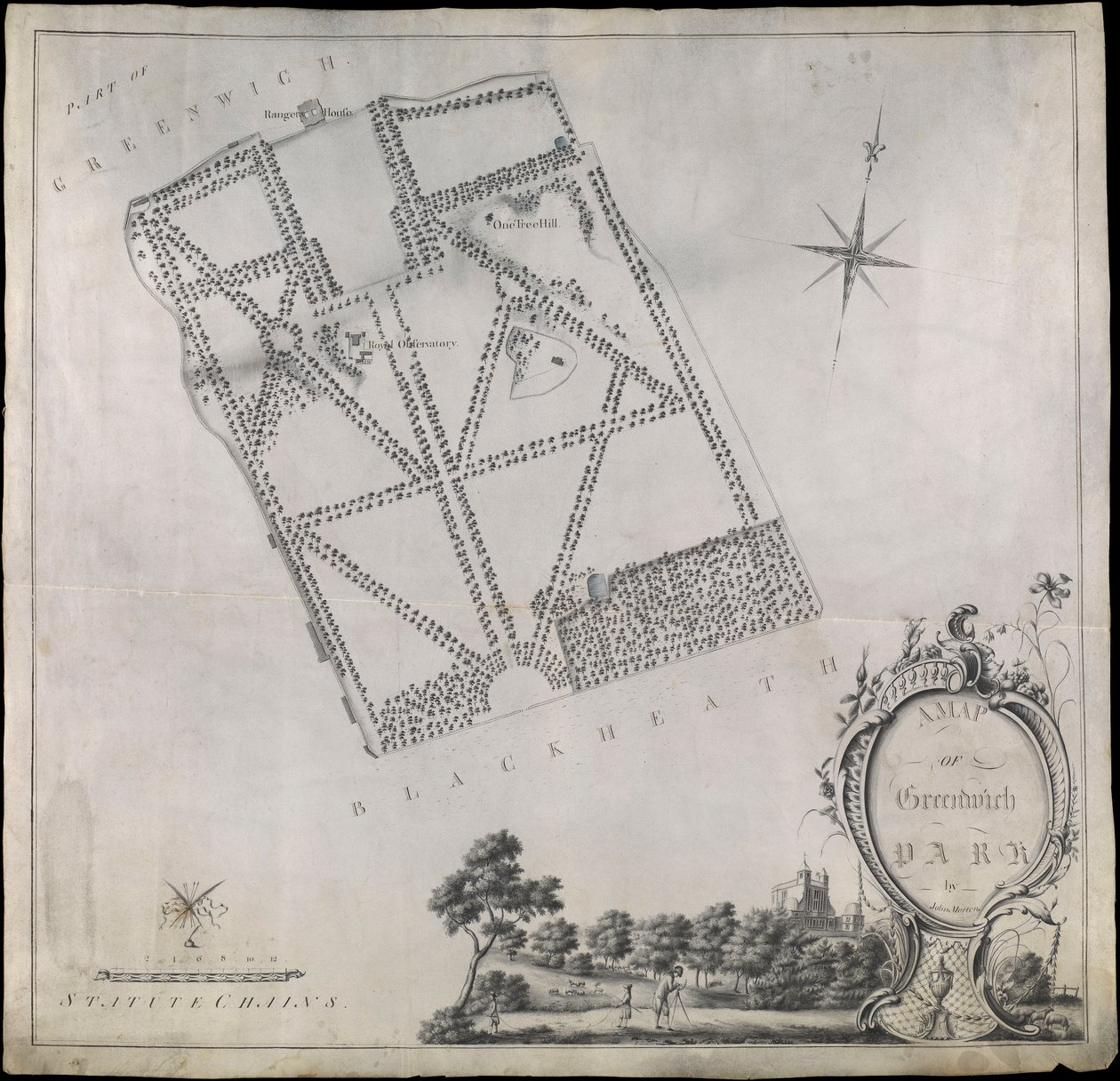 Plan parku Greenwich z Królewskim Obserwatorium, wzgórzem One Tree Hill i Domem Strażnika autorstwa John Morton