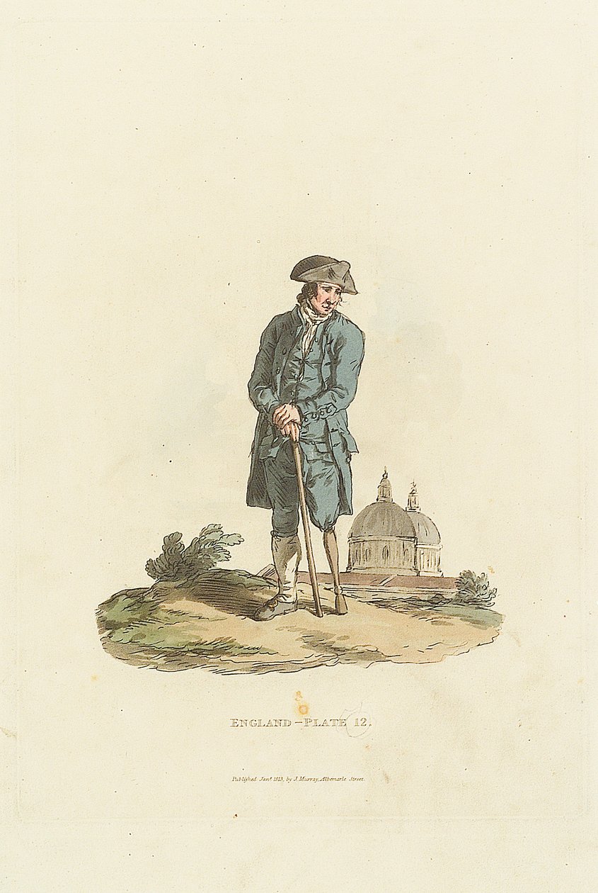 England - Plate 12. Emeryt z Greenwich z drewnianą nogą opartą na kiju (akwatinta) autorstwa John Murray