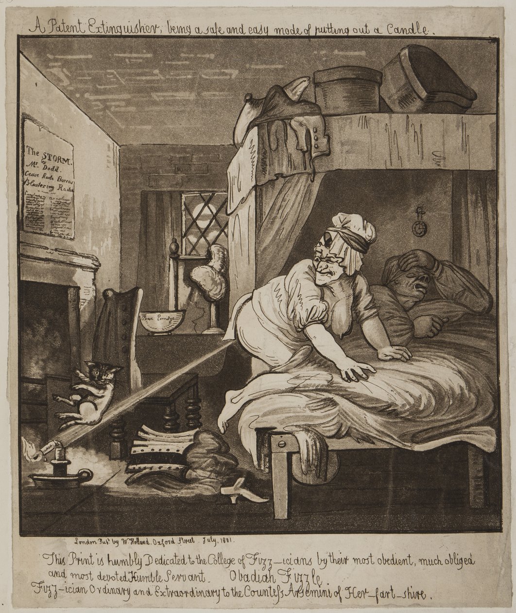 Gaśnica patentowa, będąca bezpiecznym i łatwym trybem Gaszenie świecy, 1801 (akwatinta) autorstwa John Nixon
