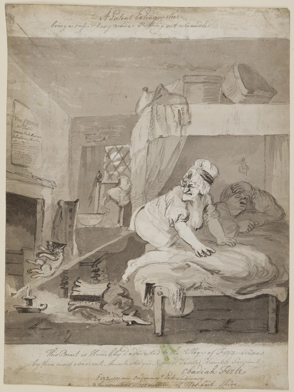 Gaśnica patentowa, bezpieczny i łatwy tryb Gaszenie świecy, 1801 (pióro, pędzel i atrament na papierze) autorstwa John Nixon