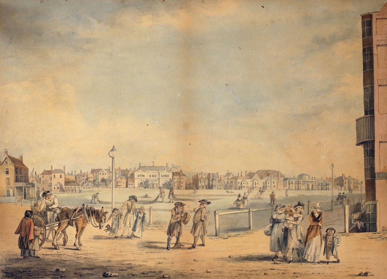 Brighton, przedstawiający krążącą bibliotekę panny Widgett, Marlborough House, Castle Inn and Assembly Rooms oraz Marine Pavilion, 1792 autorstwa John Nixon