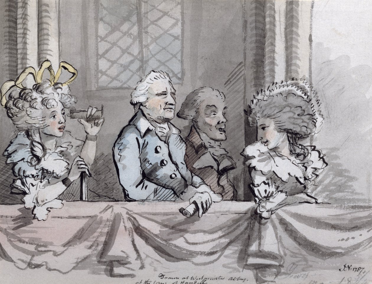 Karykatura publiczności na uroczystości upamiętniającej Haendla w Opactwie Westminsterskim, 1787 (tusz i akwarela) autorstwa John Nixon