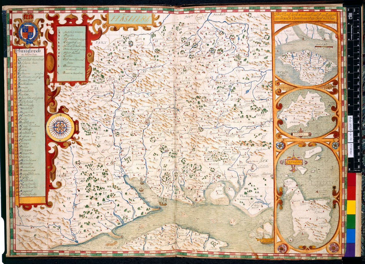 Dodać. 31853, ff.23-24, Southampton, Hampshire: Opis, J. Norden, z mapą: 1595 (kolorowe grawerowanie) autorstwa John Norden