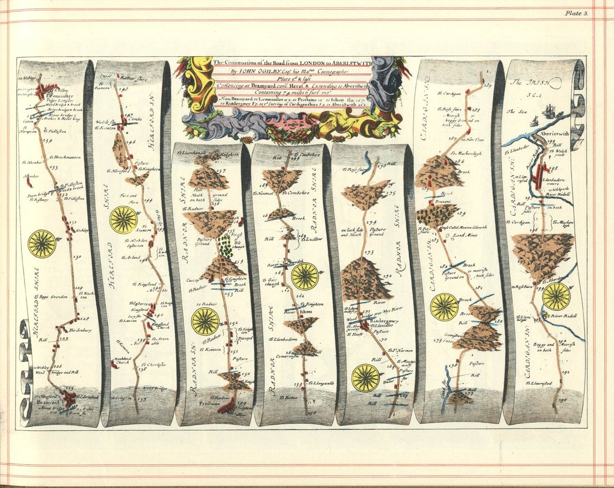 Atlas Britannia: Kontynuacja drogi z Londynu do Aberystwyth, 1675 autorstwa John Ogilby