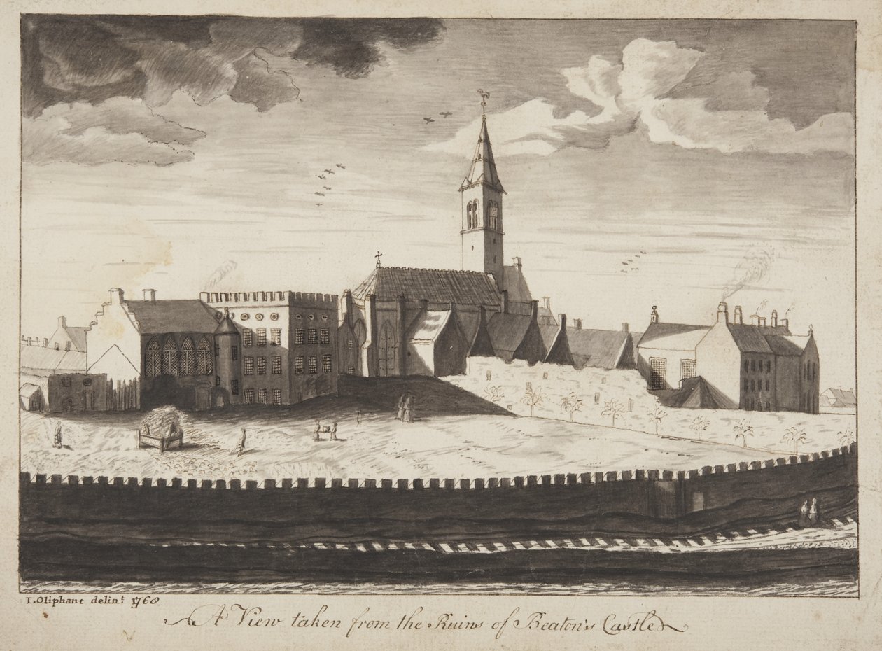 St Andrews Delineated - Widok z ruin zamku Beatons (pióro i pranie na papierze) autorstwa John Oliphant