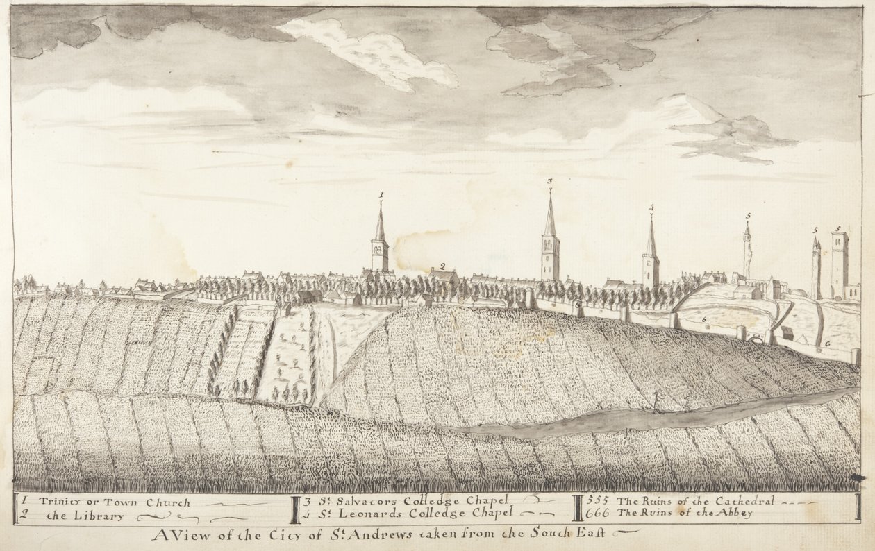 Wyznaczone St Andrews - Widok na miasto St Andrews zaczerpnięty z południowego wschodu (pióro i pranie na papierze) autorstwa John Oliphant