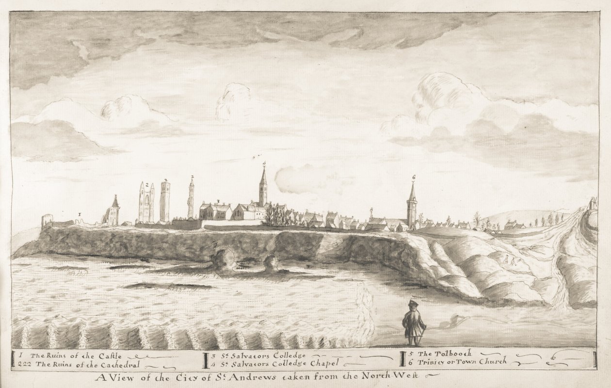 St Andrews Delineated – Widok na miasto St Andrews zaczerpnięty z północnego zachodu (pióro i pranie na papierze) autorstwa John Oliphant