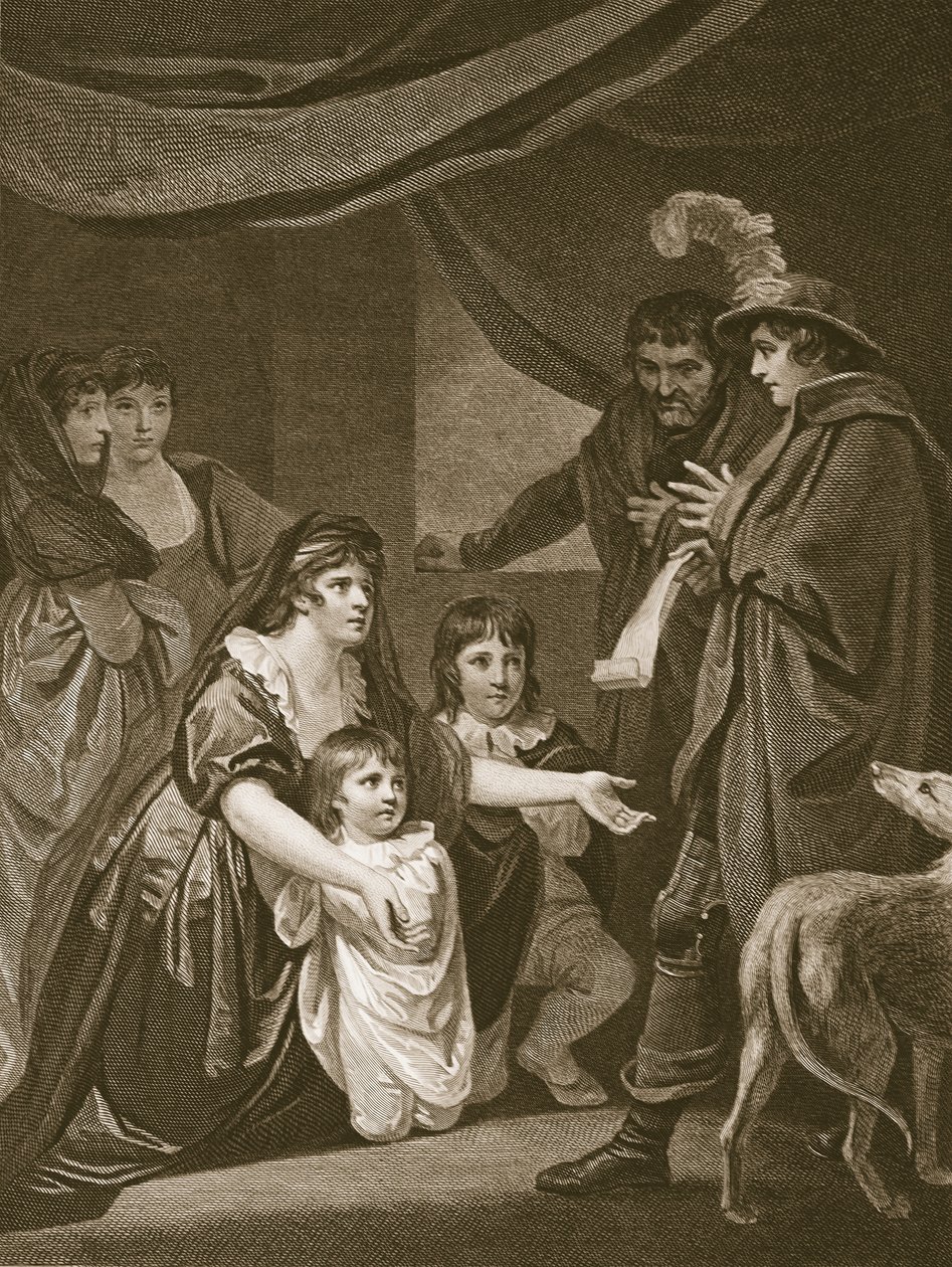 Lady Elizabeth Gray błagająca Edwarda IV o ochronę swoich dzieci, grawerowana przez W. Bromleya, ilustracja z „Historii Anglii” Davida Hume