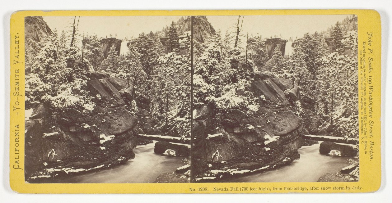 Wodospad Nevada (700 stóp wysokości), widok z kładki po lipcowej burzy śnieżnej, nr 1208 z serii „Kalifornia – Dolina Yosemite” autorstwa John P. Soule