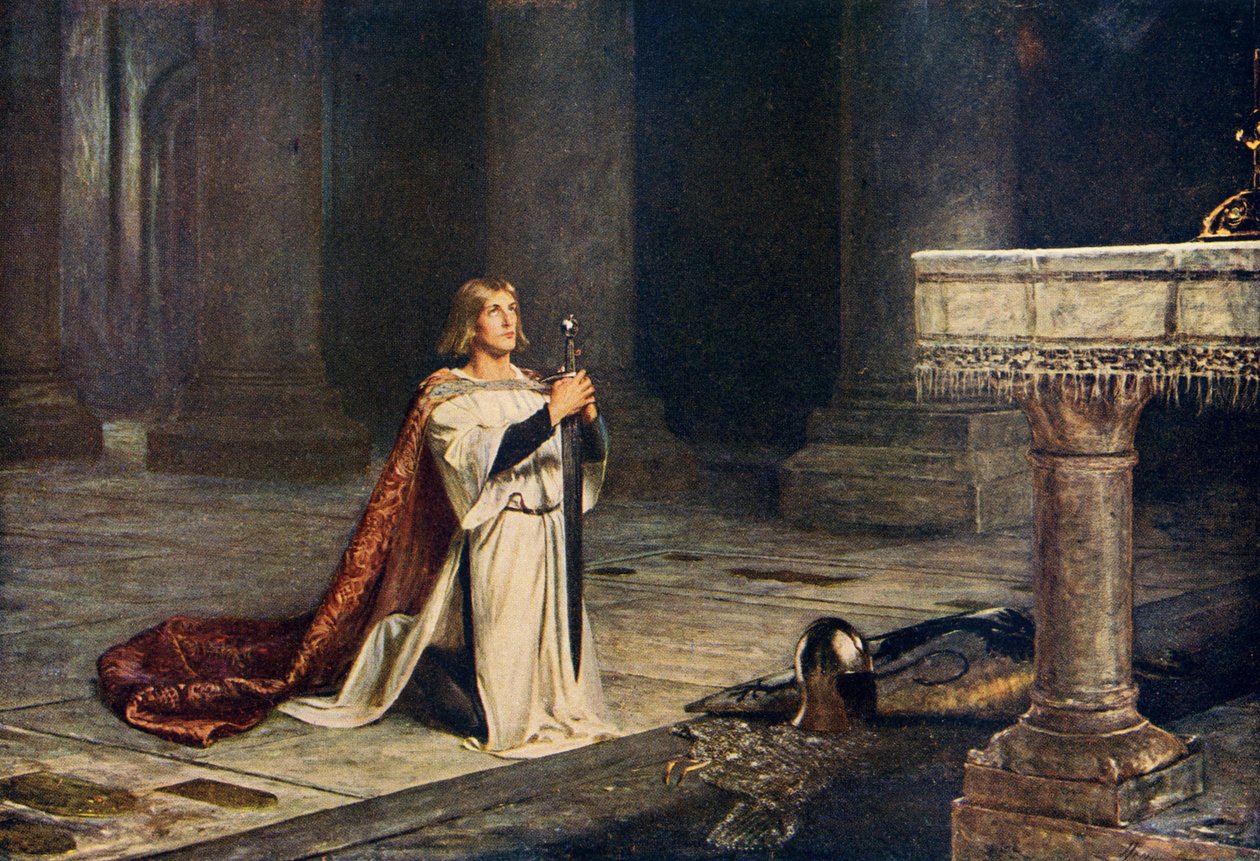 Aspirujący rycerz czuwający z bronią przed wstąpieniem do rycerstwa, ilustracja z „Romance and Legend of Chivalry” autorstwa A. R. Hope Moncrieffa autorstwa John Pettie
