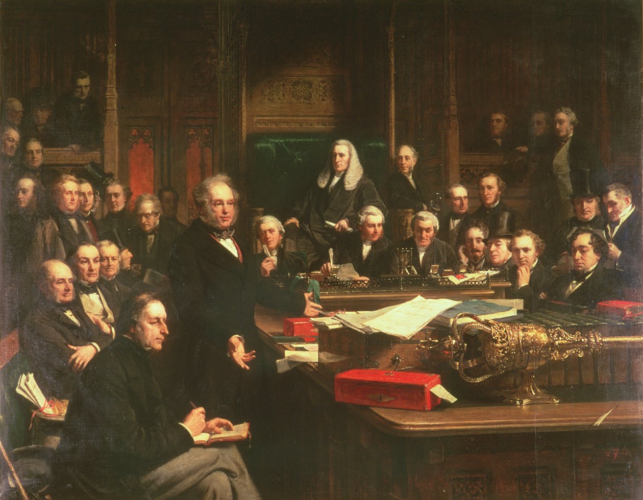 Lord Palmerston przemawiający w Izbie Gmin podczas debat nad traktatem francuskim w lutym 1860, 1863 (patrz także 107820-21) autorstwa John Phillip