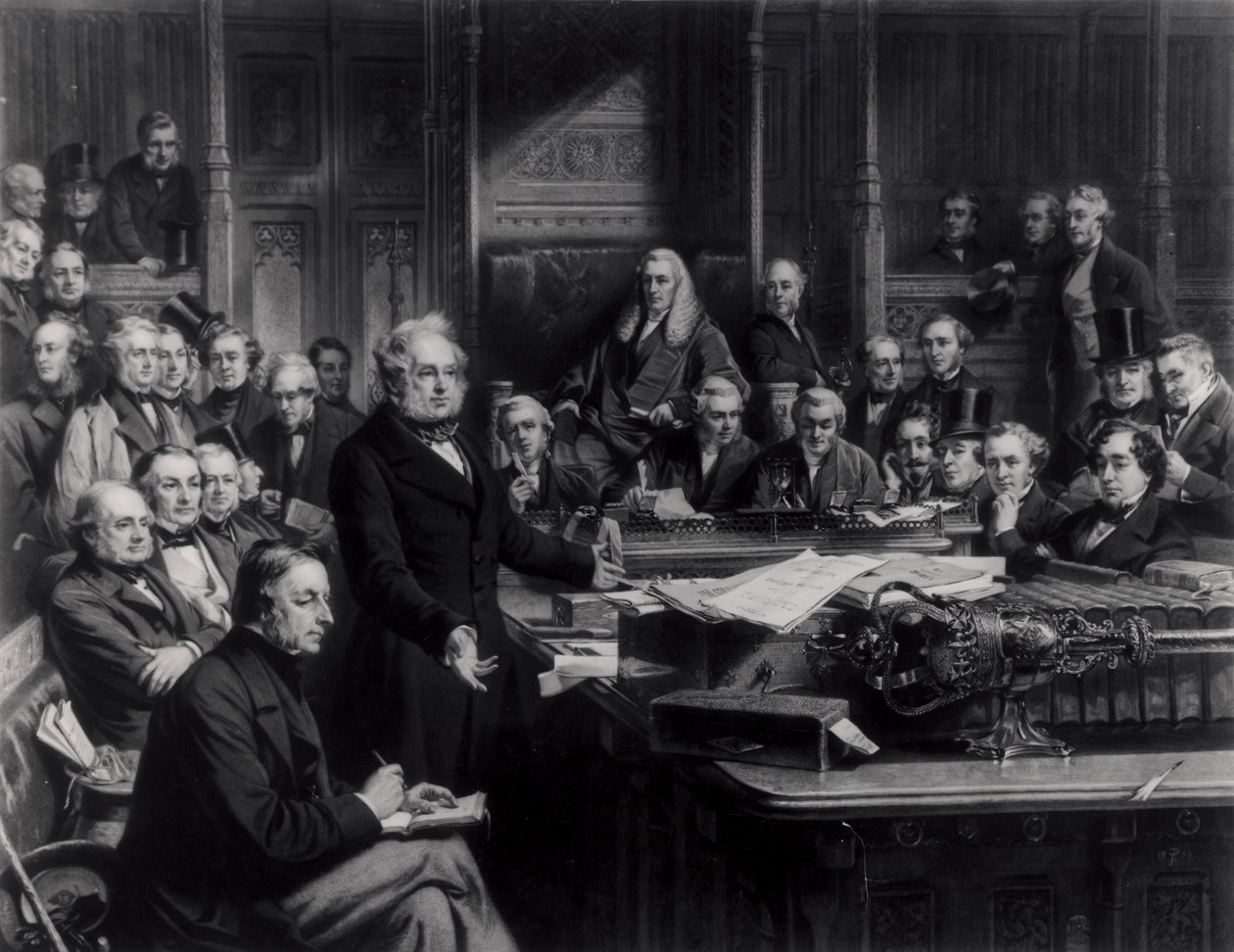 Izba Gmin w 1860: Lord Palmerston przemawiając w Izbie podczas debaty nad traktatem z Francją, grawerowane przez Falknera, 1863 (patrz także 42219 i 107821) autorstwa John Phillip