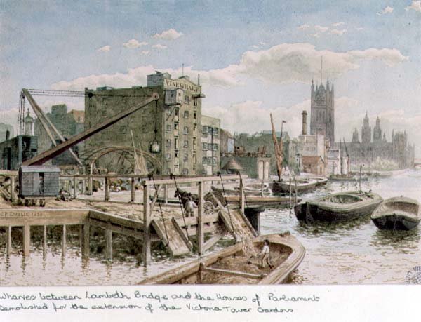 Riverside View of the Wharves między Lambeth Bridge a Houses of Parliament autorstwa John Phillipp Emslie