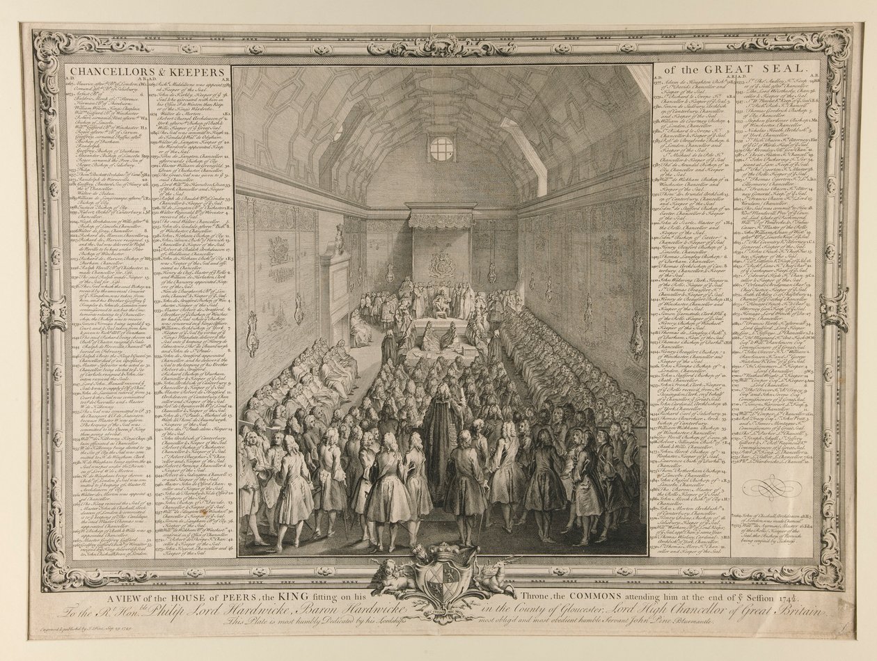Widok Izby Parów, Króla Siedzącego na Tronie, Izba Gmin towarzysząca mu pod koniec sesji 1741/2 autorstwa John Pine