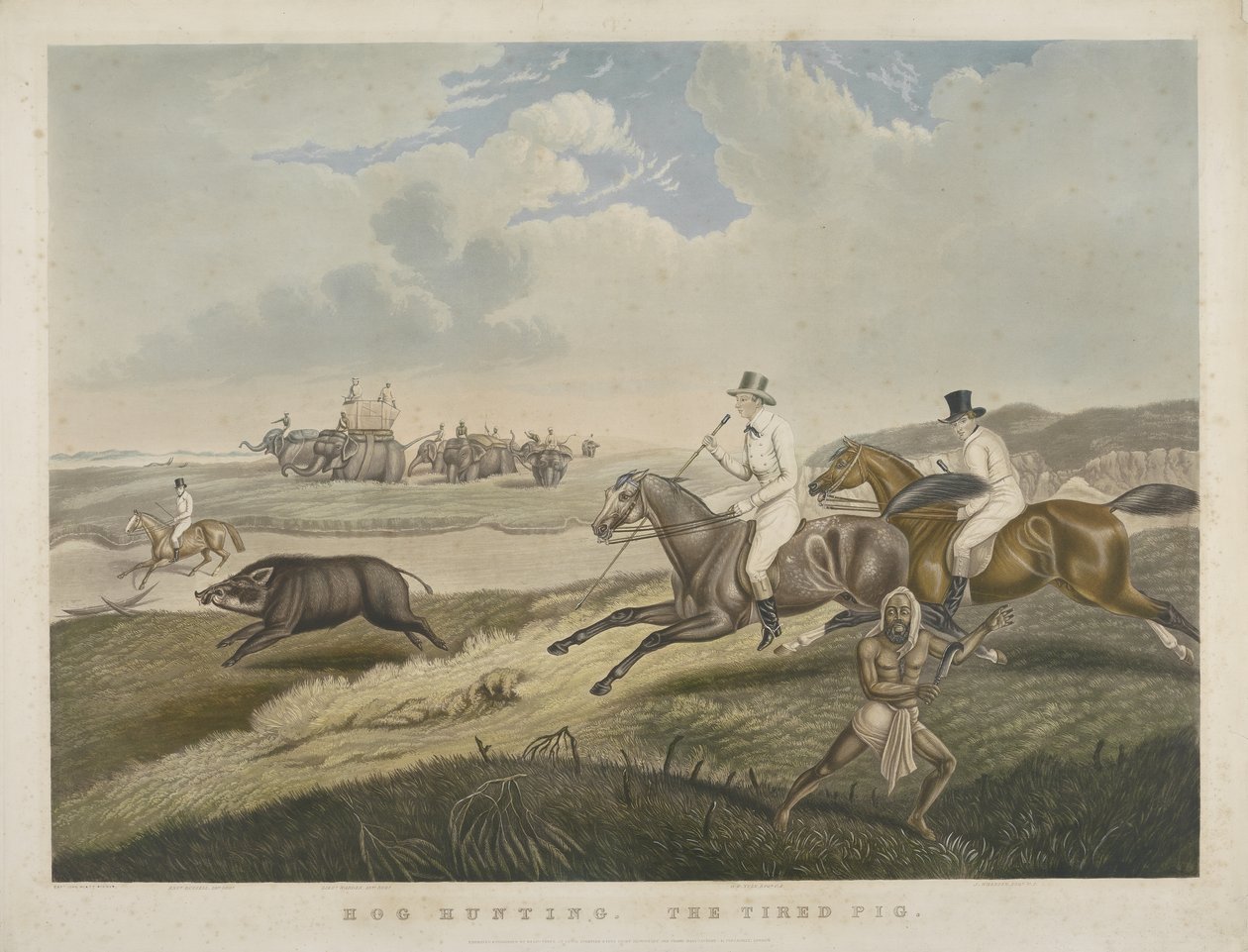 Hog Hunting: The Tired Pig, grawerowane przez S.W. Fores (1785-1825) ok. 1840 (akwatinta ręcznie kolorowana) autorstwa John Platt