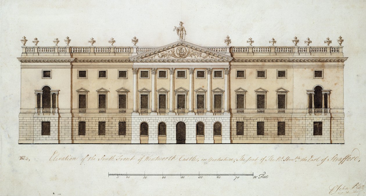 Zamek Wentworth, projekt frontu południowego, ok. 1760 (pióro i atrament oraz akwarela na papierze) autorstwa John Platt