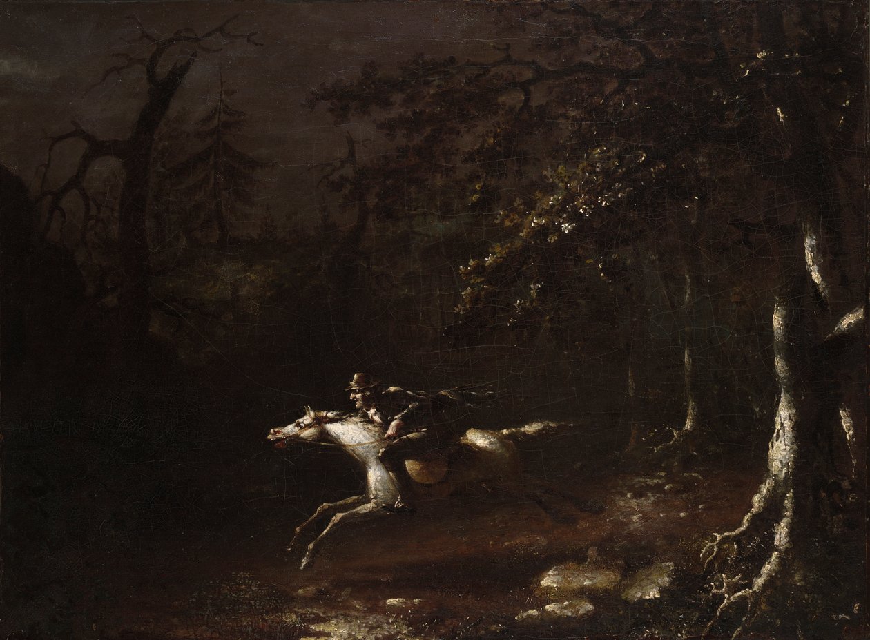 Żuraw Ichabod lecący z Bezgłowego Jeźdźca autorstwa John Quidor