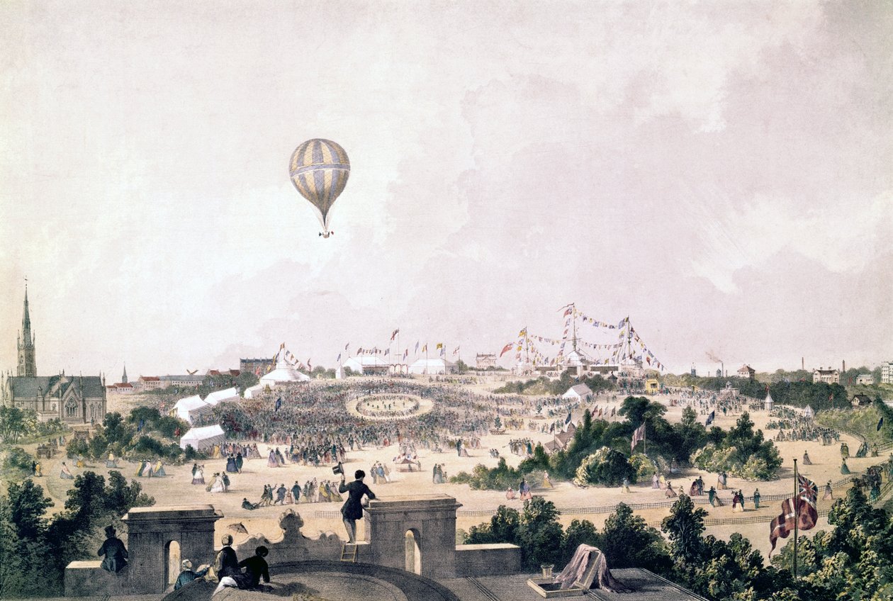 Balon na ogrzane powietrze nad Fancy Fair, Princess Park, Liverpool, sierpień 1849 r. autorstwa John R. Isaac