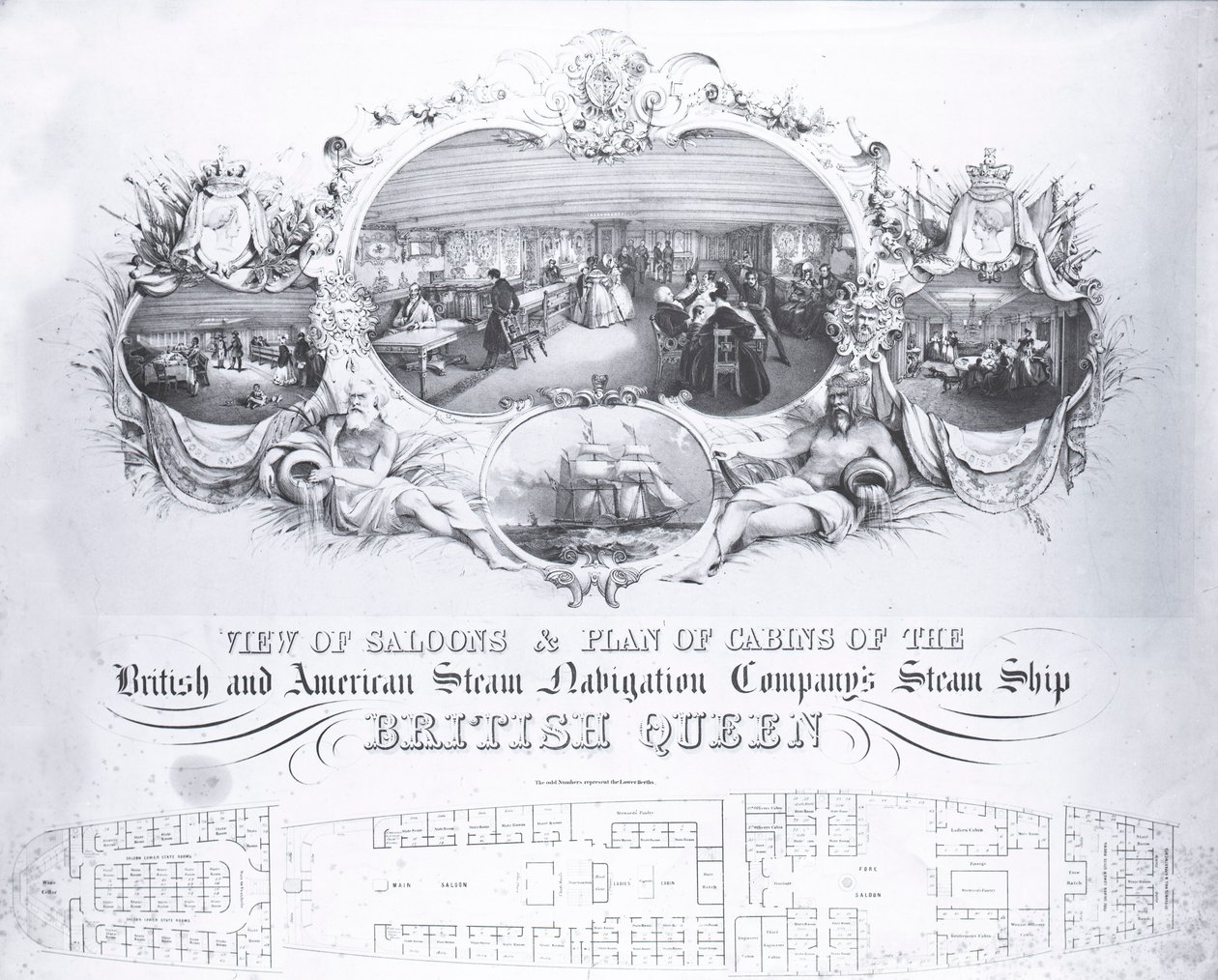 Widok salonów i plan kabin parowca Królowa Brytyjska, ok. 1839 (lit.) autorstwa John R. Isaac