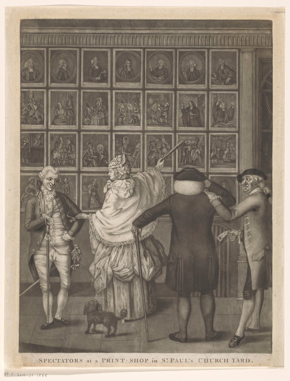 Cztery osoby przed oknem drukarni Carrington Bowles w Londynie Widzowie w drukarni na dziedzińcu kościoła św. Pawła (tytuł na obiekcie) autorstwa John Raphael Smith