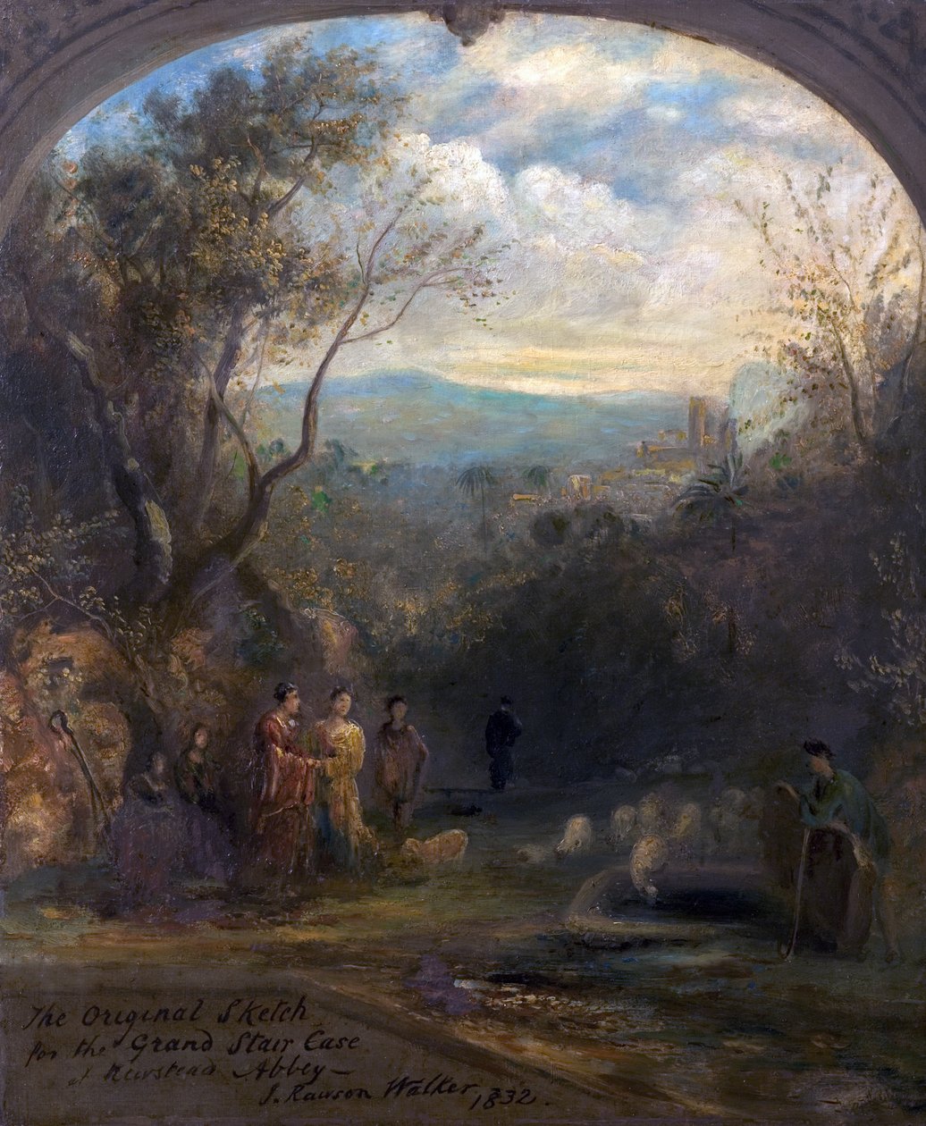 Oryginalny szkic wielkich schodów w opactwie Newstead, Nottinghamshire, 1832 autorstwa John Rawson Walker
