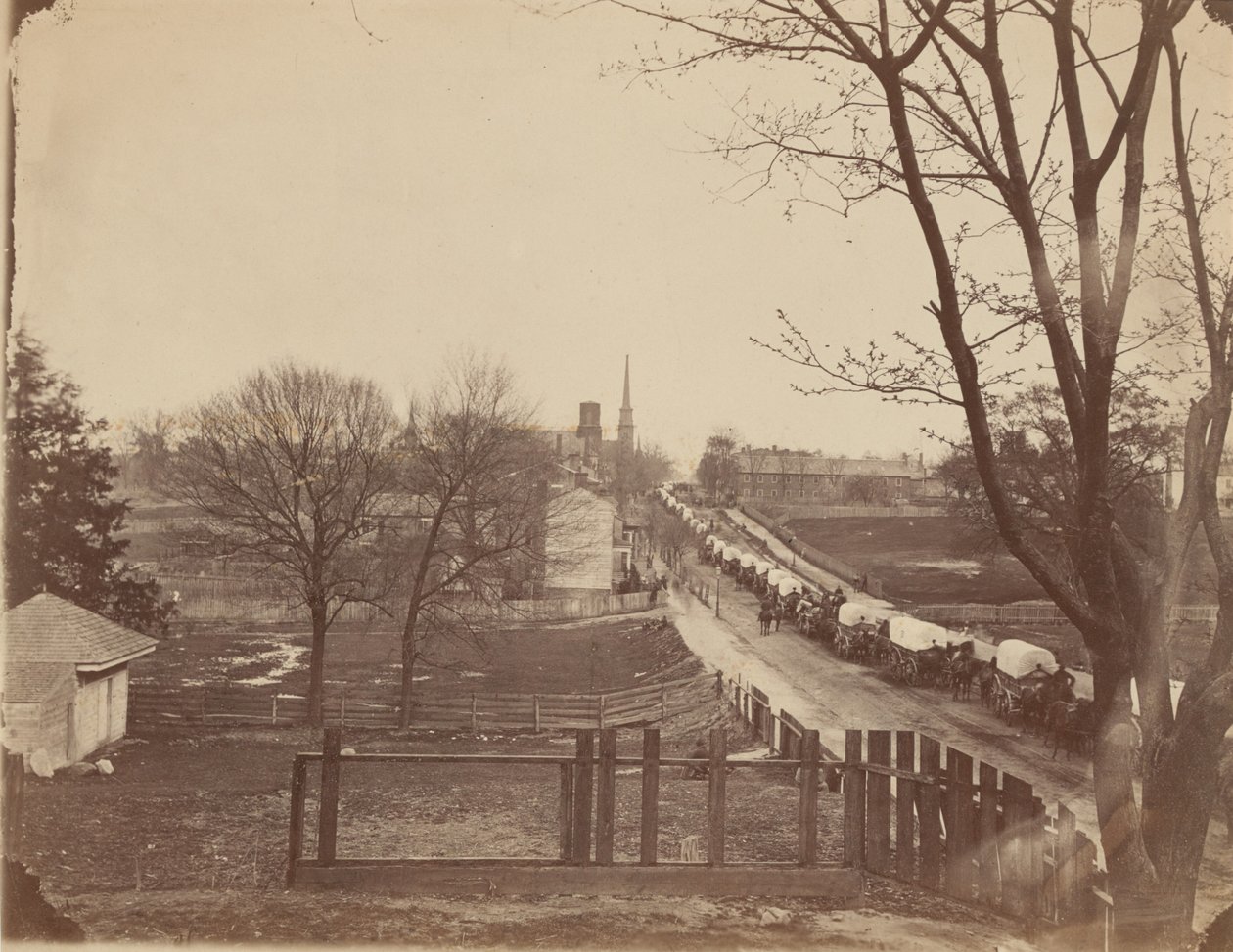 Pociąg wagonów wojskowych wjeżdżający do Petersburga, Wirginia, kwiecień 1865 (zdjęcie) autorstwa John Reekie