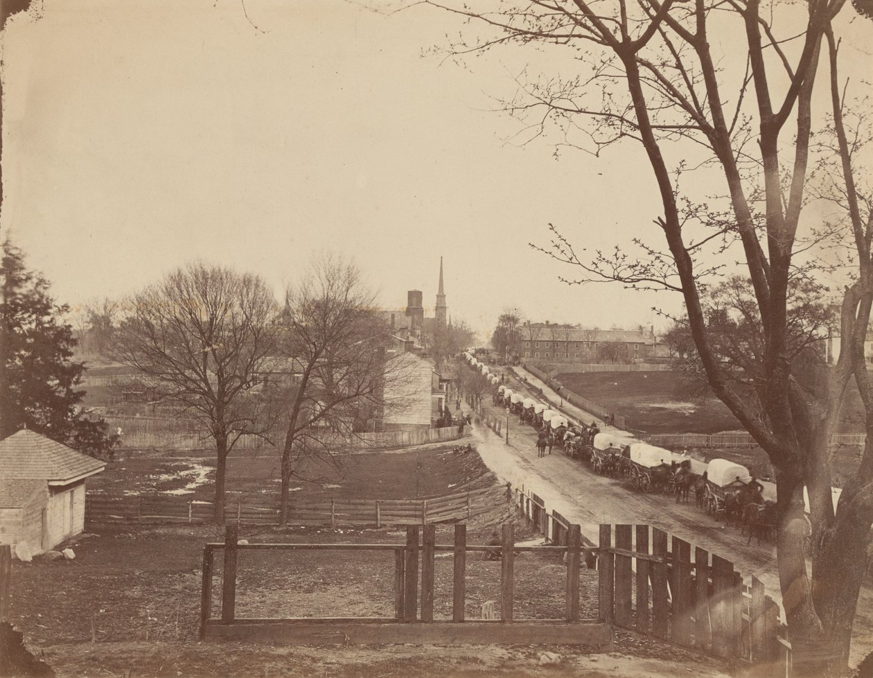 Pociąg wagonów wojskowych wjeżdżający do Petersburga w Wirginii, kwiecień 1865 r. autorstwa John Reekie