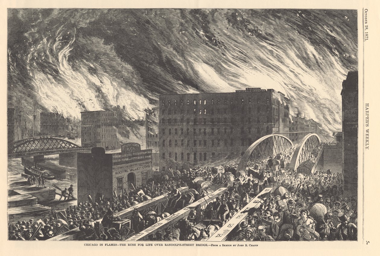Chicago w płomieniach – pęd do życia nad mostem Randolph Street, ilustracja z Harpers Weekly, 1871 autorstwa John Reuben after Chapin