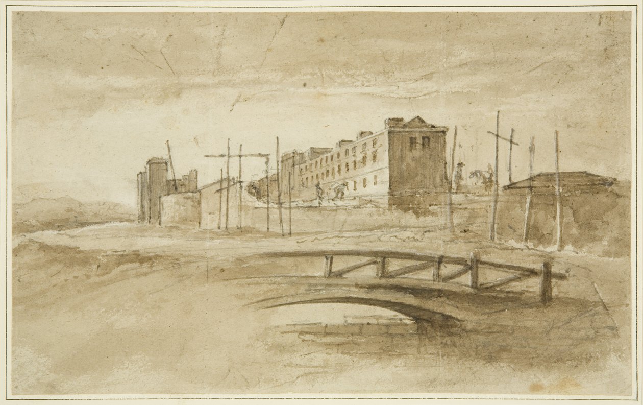 Nowy Goal w trakcie budowy, widok z mostu Harford, ok. 1820 (ołówek i akwarela na papierze) autorstwa John Reverend Eden