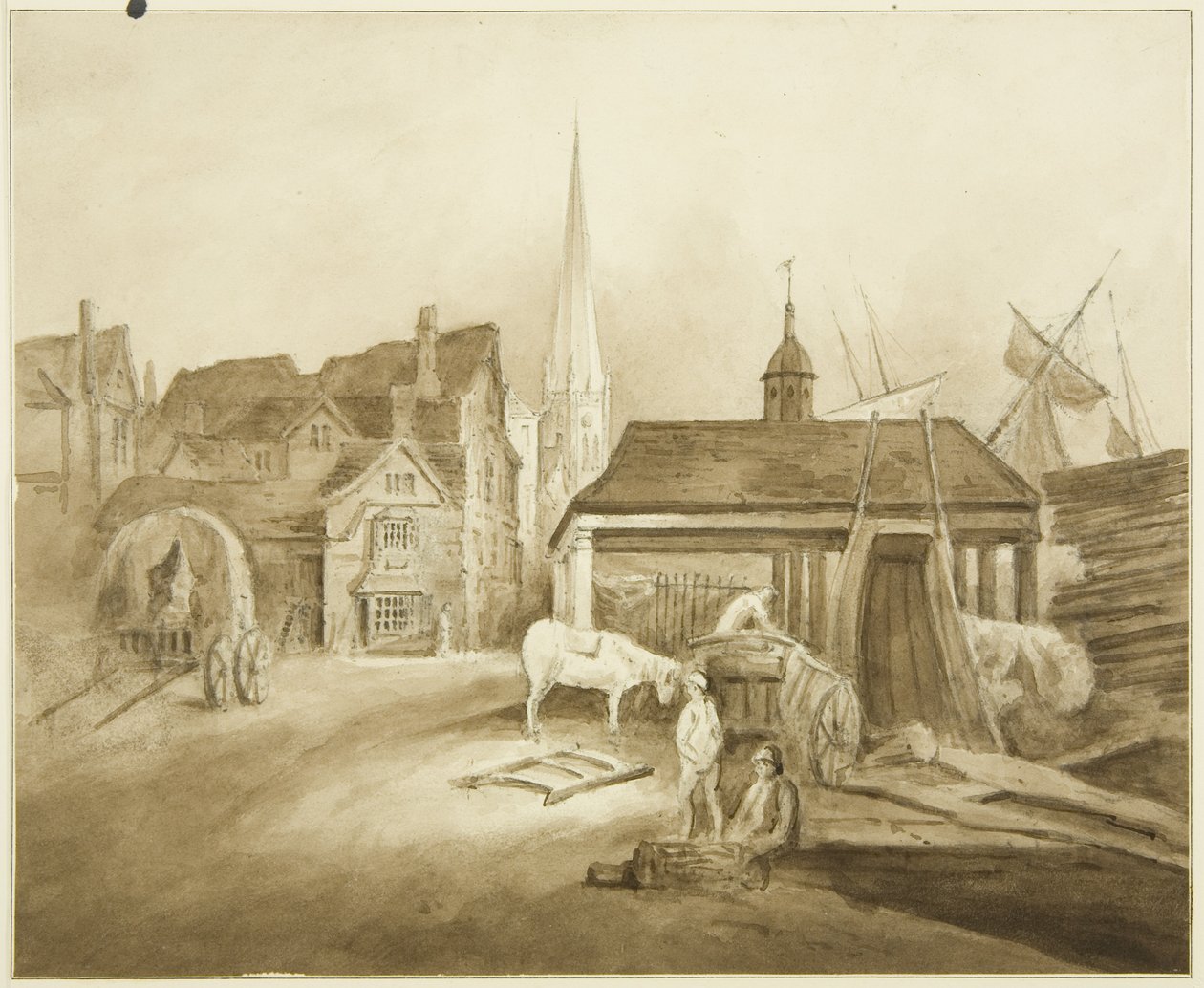 Północno-wschodni kraniec King Street, ukazujący Welsh Market (rysunek, akwarela) autorstwa John Reverend Eden